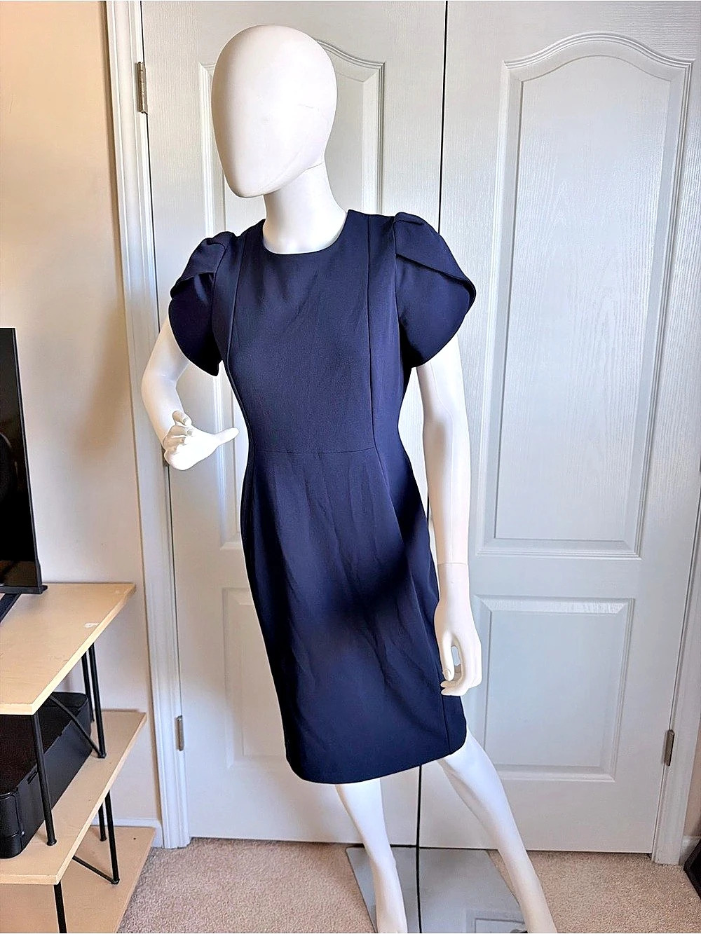 Calvin Klein Navy Blue Tulip-Sleeve Sheath Round Neck Midi Dress Size 6